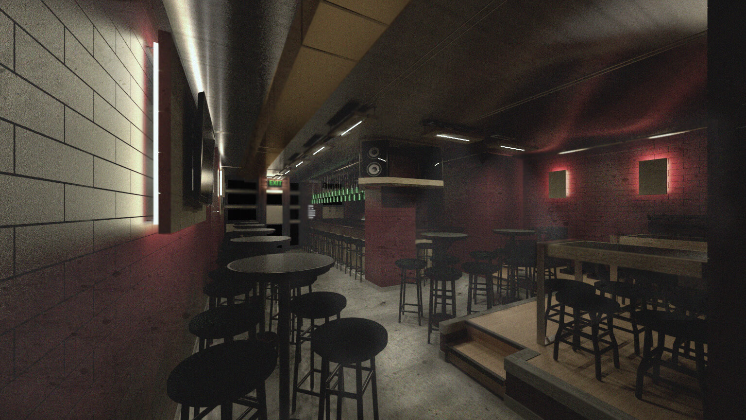 Rendered view from the Interior of the pub showing the furniture, lighting, bar, and architectural layout design